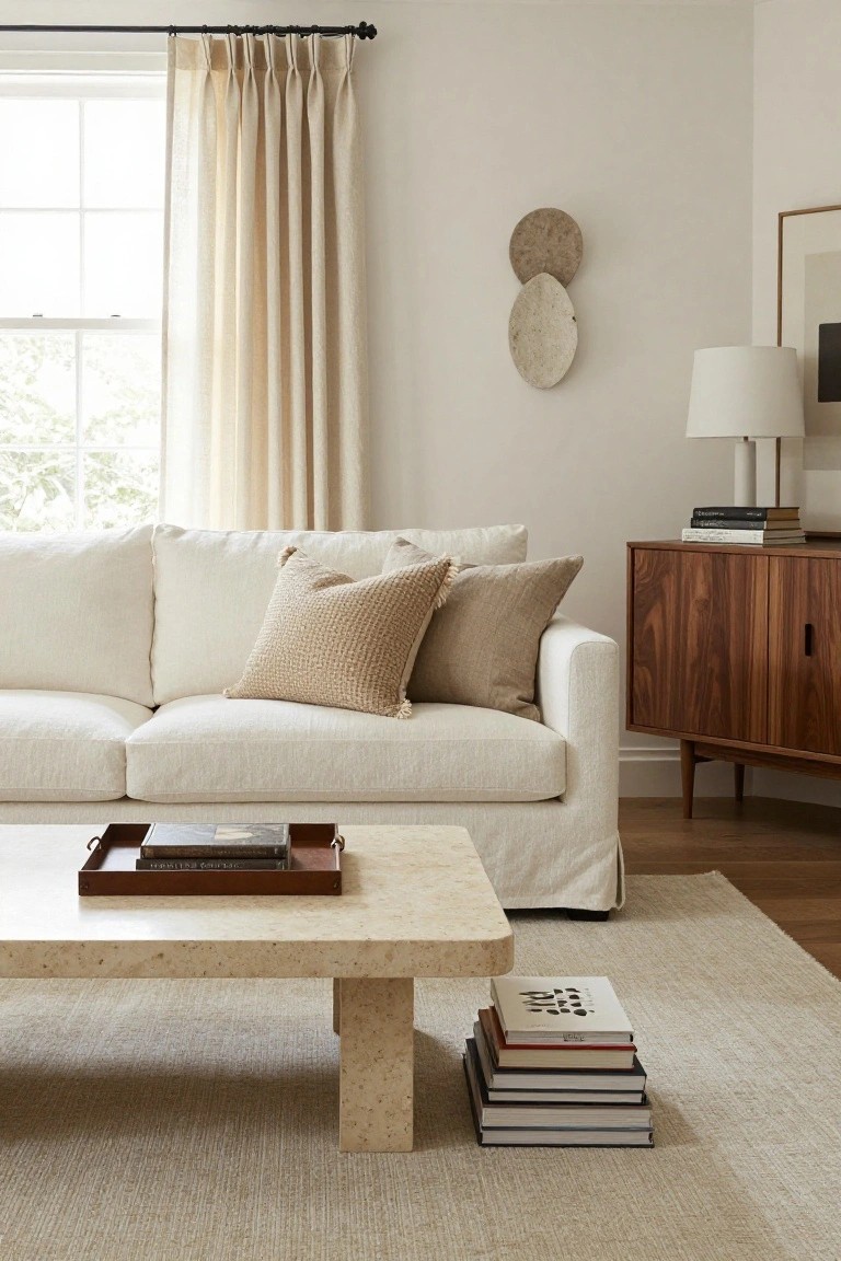 A neutral living room with a white slipcovered sofa topped by cream and beige pillows, a rectangular travertine coffee table holding books and a tray, a walnut credenza with stacked books, sheer curtains on a window, and two round wall hangings.