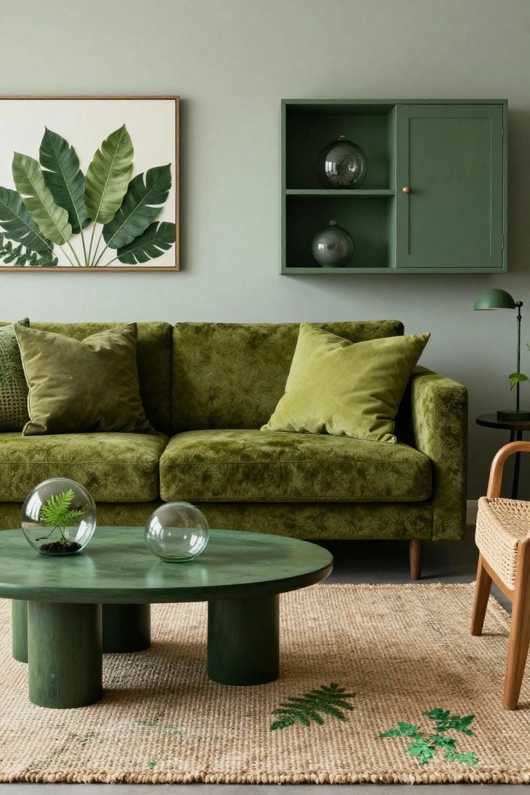 Living room with moss green velvet sofa and matching green pillows, green pedestal coffee table holding glass orbs, open green wall cabinet with smoked glass spheres, leaf artwork, desk lamp, rattan chair, and seagrass rug with green leaf embroidery on pale green walls.