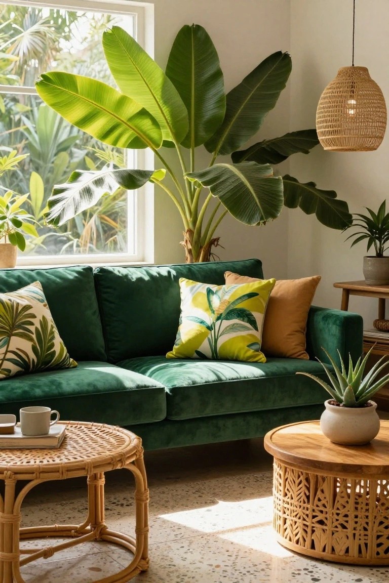 Sunlit indoor room corner featuring emerald green velvet sofa with cream tropical leaf print pillows, yellow-green banana leaf pillows, and orange-tan pillows, large potted plants, rattan coffee table, and wooden side tables.