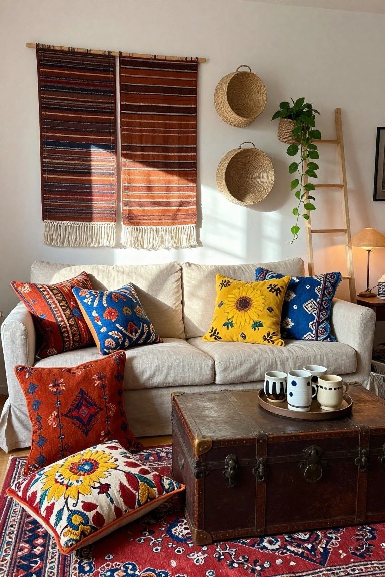 Beige slipcovered sofa with assorted pillows in red, blue, yellow, and orange patterns including sunflowers and geometrics, vintage trunk coffee table, red patterned rug, woven wall hangings, potted plants, and ladder in a sunlit living room.