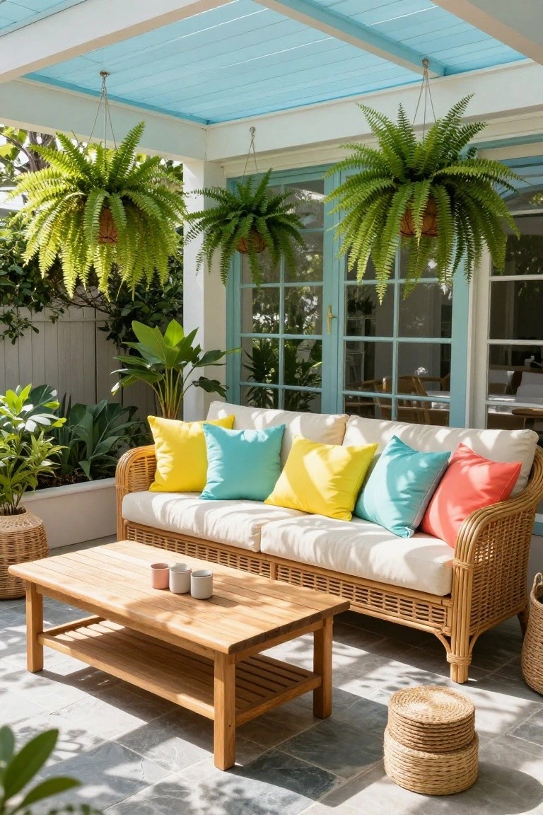 Outdoor covered porch featuring a white rattan sofa with yellow, teal, pink, and white pillows, wooden coffee table, hanging ferns, potted plants, and blue French doors in the background.