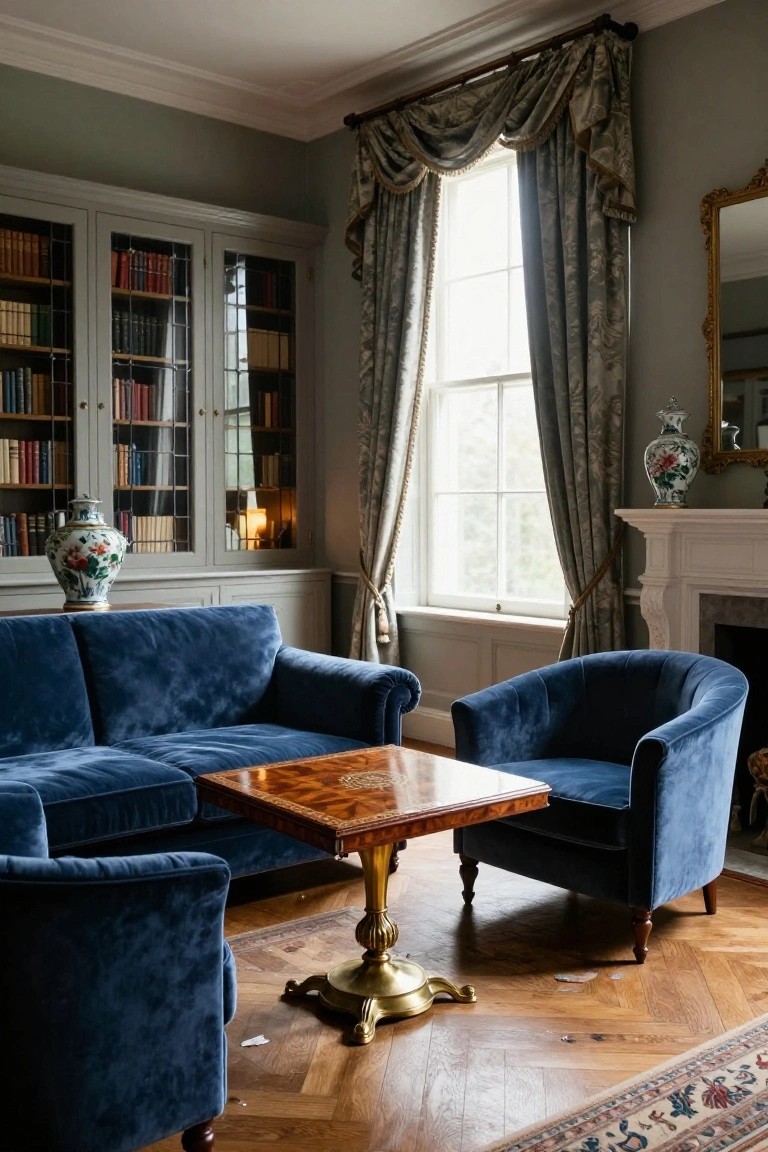 A traditional living room interior with a blue velvet three-seater sofa, matching blue velvet tub chair, and square wooden coffee table on parquet flooring, beside glazed bookshelves, a fireplace, and large curtained window.