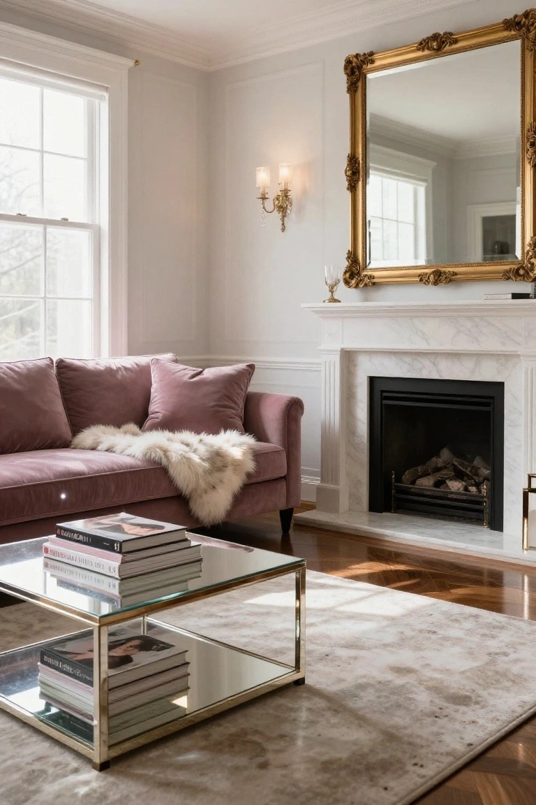 A living room interior with a blush pink velvet sofa draped with a white fur throw, a brass and glass coffee table stacked with books, a white marble fireplace with logs burning, a large ornate gold-framed mirror, wall sconces, and hardwood floors under a beige rug.