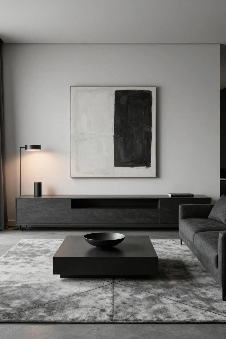 Modern minimalist living room with light gray walls, large framed abstract black and white painting, black arc floor lamp, black media console with cylindrical speaker, low black coffee table holding black bowl, and charcoal gray sofa on light gray rug.