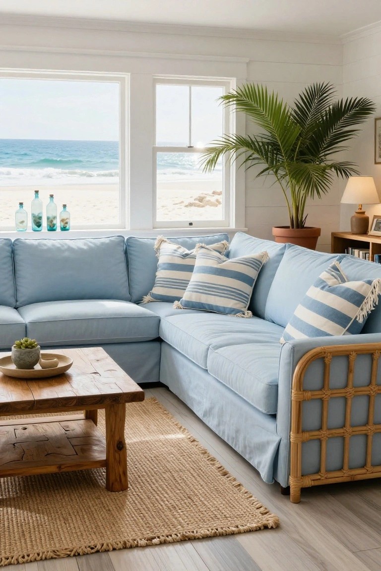 Light blue L-shaped slipcovered sofa with rattan arms and skirt, striped pillows, wooden coffee table, jute rug, potted plants, and ocean view windows in a white shiplap living room.