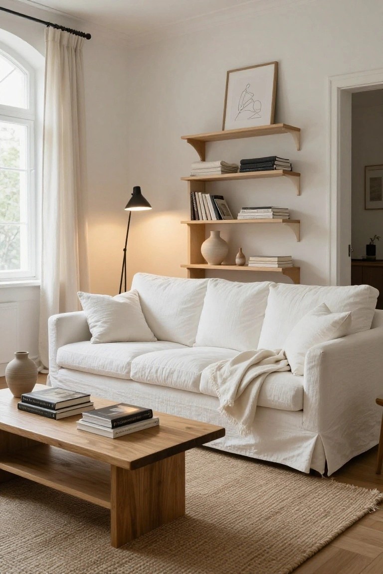 Bright living room with white linen slipcovered sofa, wooden coffee table holding stacked books, floating oak shelves displaying books ceramics and vases, black floor lamp lit up, arch window with sheer curtains, and seagrass rug on wood floors.