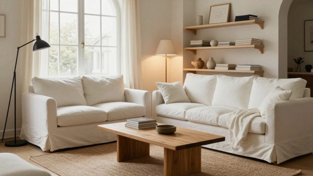22 Sofa Set Ideas for Every Living Room Style Bright living room with white linen slipcovered sofa, wooden coffee table holding stacked books, floating oak shelves displaying books ceramics and vases, black floor lamp lit up, arch window with sheer curtains, and seagrass rug on wood floors.