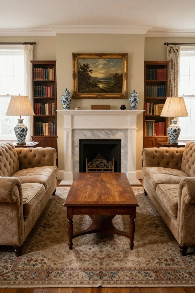 Living room with two matching beige tufted sofas facing a white marble fireplace across a wooden coffee table, bookshelves with blue and white porcelain vases and lamps on either side, neutral walls, and a patterned rug on hardwood floors.