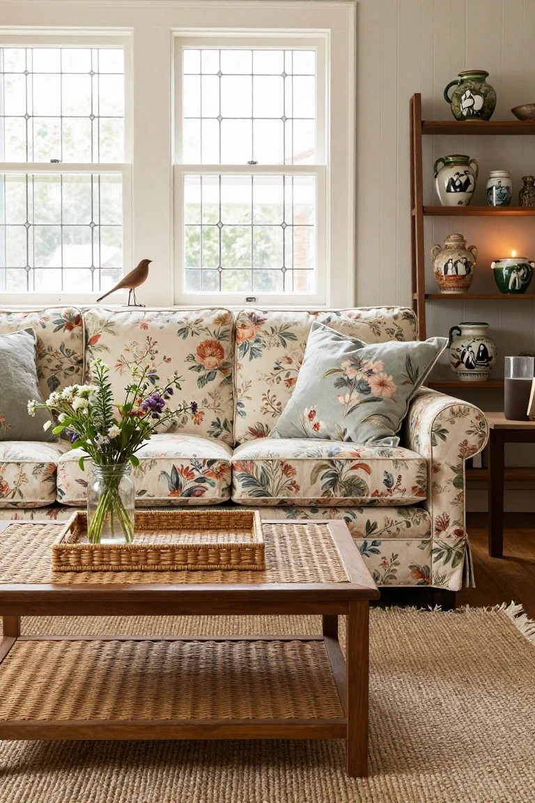 A cozy living room with a cream floral-patterned sofa, coordinating pillows, a wooden coffee table topped with a wicker tray holding a vase of flowers, leaded glass windows, a bird figurine, and shelves displaying various pottery pieces.