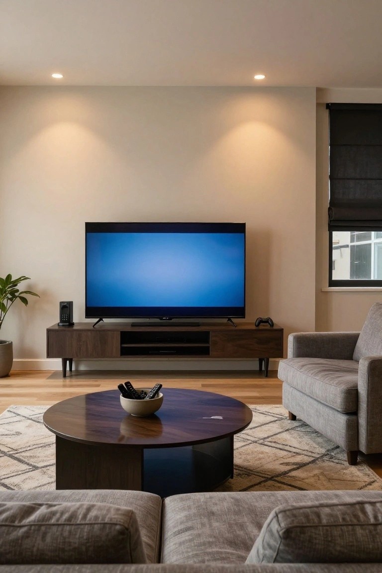 Modern living room featuring a light gray fabric sofa facing a large wall-mounted TV on a wooden media console, with a round wooden coffee table holding remotes and controllers, potted plant, and neutral decor.