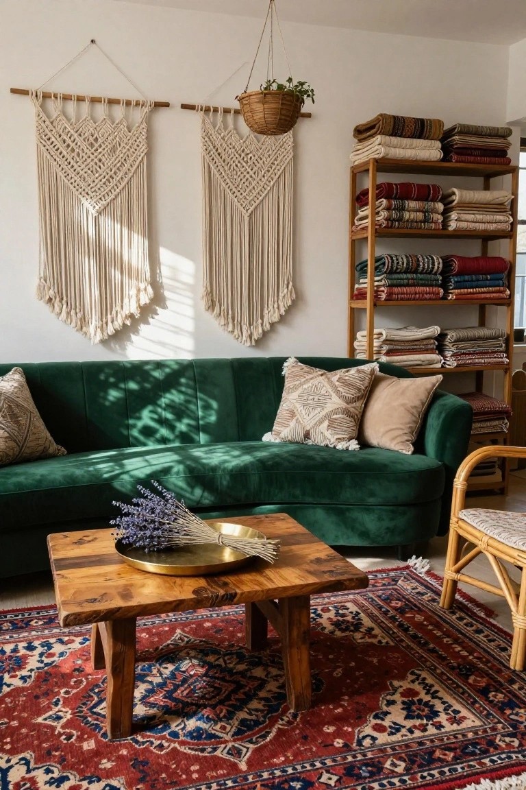 Living room with curved emerald green velvet sofa, wooden coffee table holding brass tray and lavender bouquet, two macrame wall hangings, wooden shelves stacked with colorful blankets, rattan chair, and red patterned rug on wood floor.