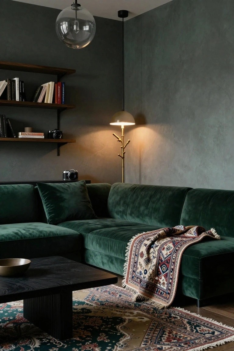 L-shaped emerald green velvet sofa in a dark green textured room corner with wooden floating shelves holding books and cameras, brass branch floor lamp, black wood coffee table with ceramic bowl, patterned throw blanket on sofa arm, and Persian rug on wood floor.
