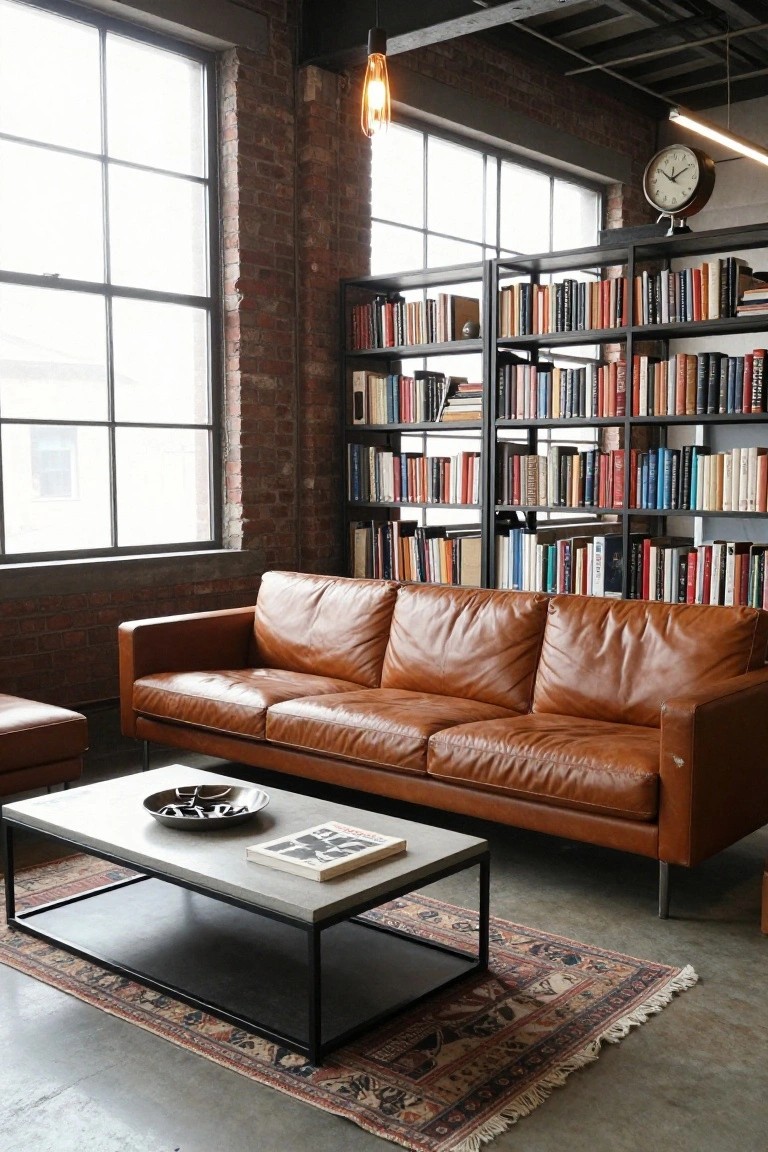 Modern industrial living room with tan leather three-seater sofa, black metal bookshelves filled with books against exposed brick walls, large factory windows, low concrete coffee table with ashtray and book, patterned rug on polished concrete floor.
