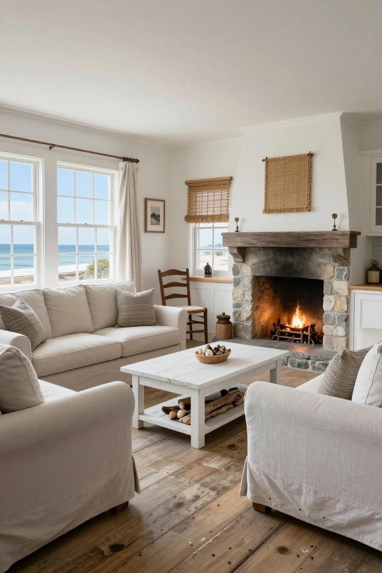 Living room featuring two cream linen slipcovered sofas facing each other across a white wooden coffee table, in front of a stone fireplace with a fire burning, large windows overlooking the ocean, and hardwood floors.