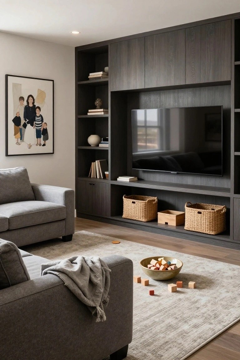 Modern living room with two low-profile gray fabric sofas facing dark wood built-in cabinetry and shelving around a large wall-mounted TV, woven storage baskets, scattered wooden toys on a beige rug, and a family portrait on the wall.