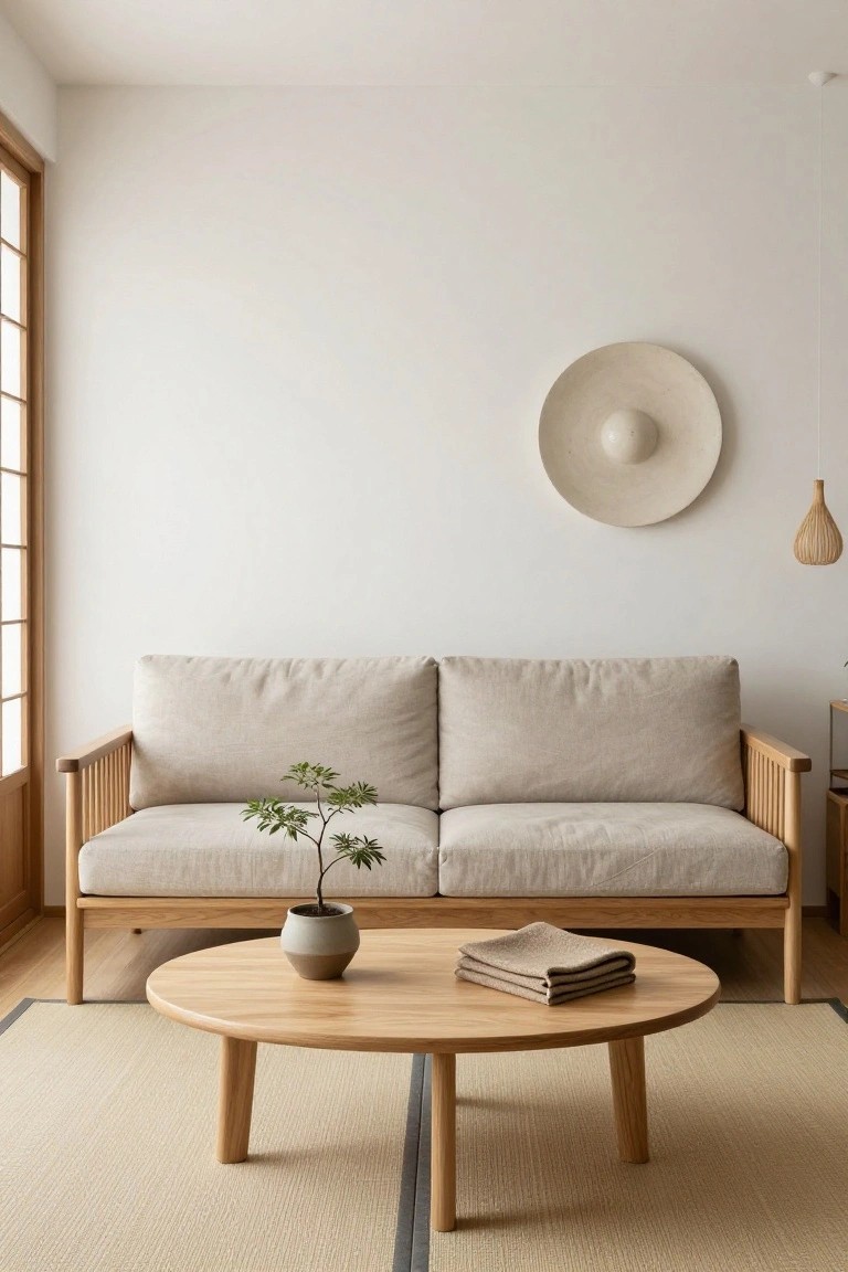 Minimalist living room with low beige linen two-seater sofa on light wooden frame, round wooden coffee table holding potted bonsai tree and folded beige cloths, beige seagrass rug, white walls, shoji screen window, and woven pendant light.