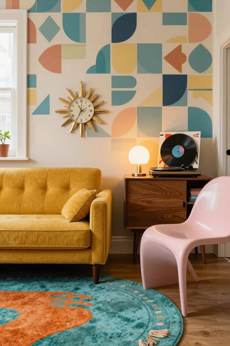 Living room with mustard yellow tufted sofa, geometric colorful wall mural behind it, gold sunburst clock, white lamp on wood cabinet with record player, pink molded plastic chair, and turquoise orange-patterned round rug.