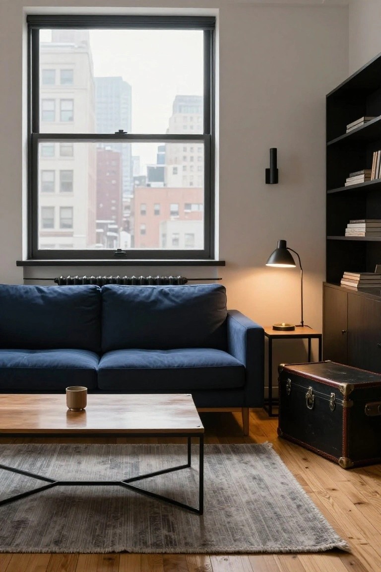 Modern living room with navy blue sofa facing large window overlooking city skyline, wooden coffee table on gray rug, black bookshelves, desk lamp, and radiator below window.