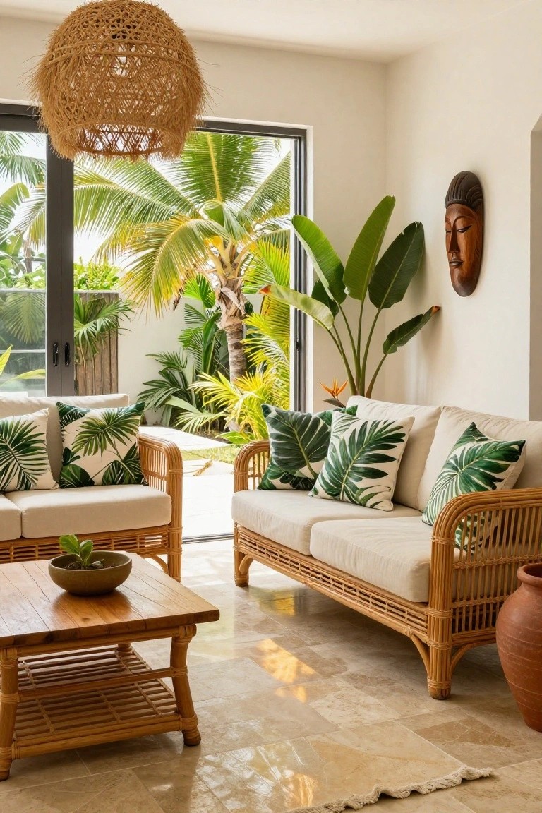 Living room featuring two white rattan sofas with green palm leaf cushions, a wooden coffee table with a plant, large sliding glass doors open to tropical garden, and wall decor including a Buddha mask.