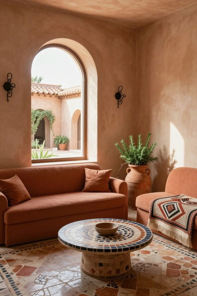 A cozy living room corner with rust-colored fabric sofas, a round mosaic-tile coffee table holding a wooden bowl, potted plants, woven throw on a chair, arched window to courtyard, terracotta walls and patterned tile floor.