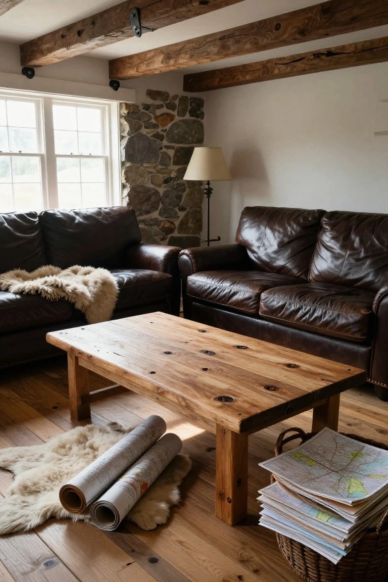 Living room with two brown leather sofas facing each other across a rectangular wooden coffee table with knots, sheepskin rugs and rolled maps on the wood floor, stone accent wall, lamp, and exposed wooden ceiling beams.