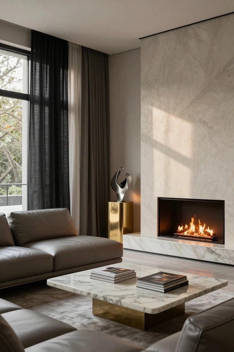 Modern living room with low gray leather sofa facing a fireplace in a light stone wall, marble coffee table with brass base, black and beige curtains on large windows, and metallic sculpture on pedestal.