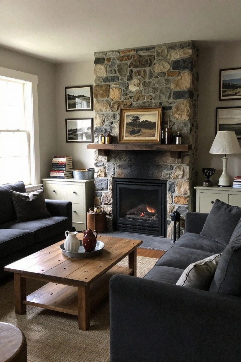 Living room with two dark gray upholstered sofas arranged facing a tall stone fireplace with gas flames burning, wooden coffee table in front, bookshelves, and artwork on walls.