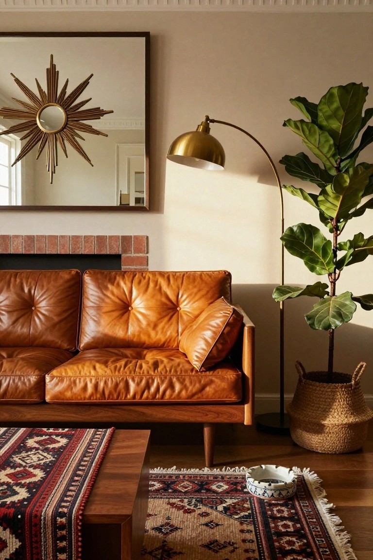 Tan tufted leather sofa facing a brick fireplace in a beige living room with gold sunburst mirror, brass arc lamp, fiddle leaf fig in seagrass basket, wooden coffee table, and patterned rug on hardwood floor.