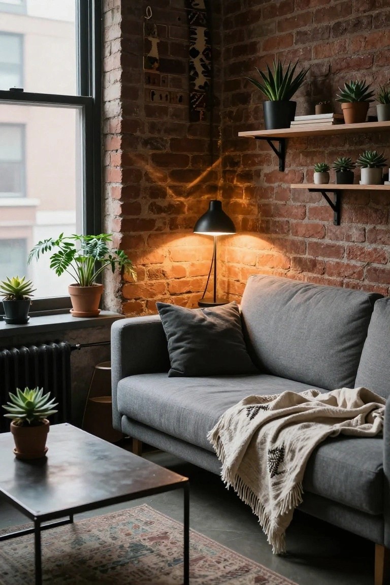 Gray fabric sofa in a brick-walled room with a light tan blanket draped casually over the arm, potted plants on shelves and tables, black lamp lit nearby, and large window.