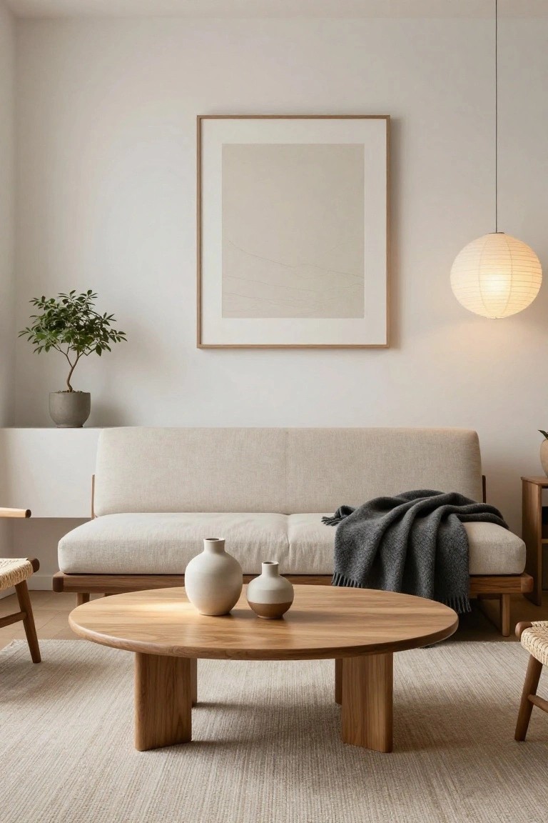 A minimalist living room featuring a light beige sofa with a dark gray knit blanket draped over the back, a round wooden coffee table holding white ceramic vases, a potted plant on a floating white shelf, and a white paper lantern pendant light hanging above.