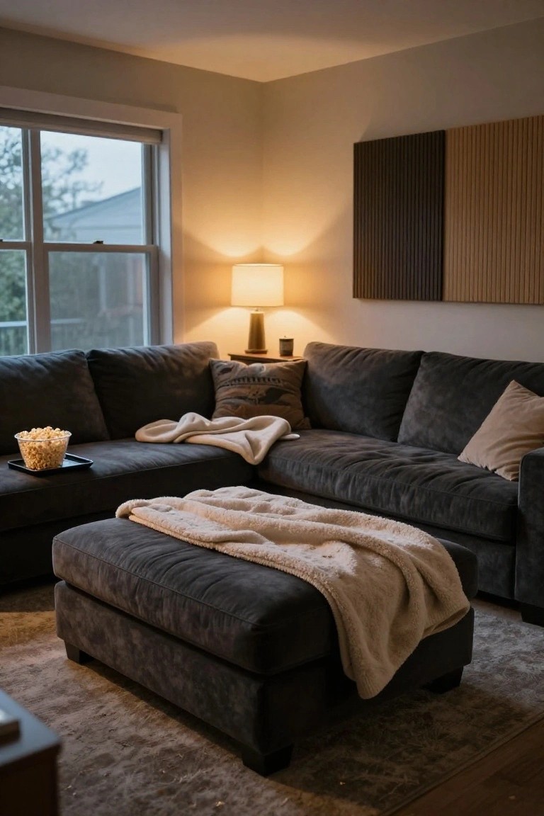 Cozy living room with dark sectional sofa, ottoman, warm lamp, and popcorn.