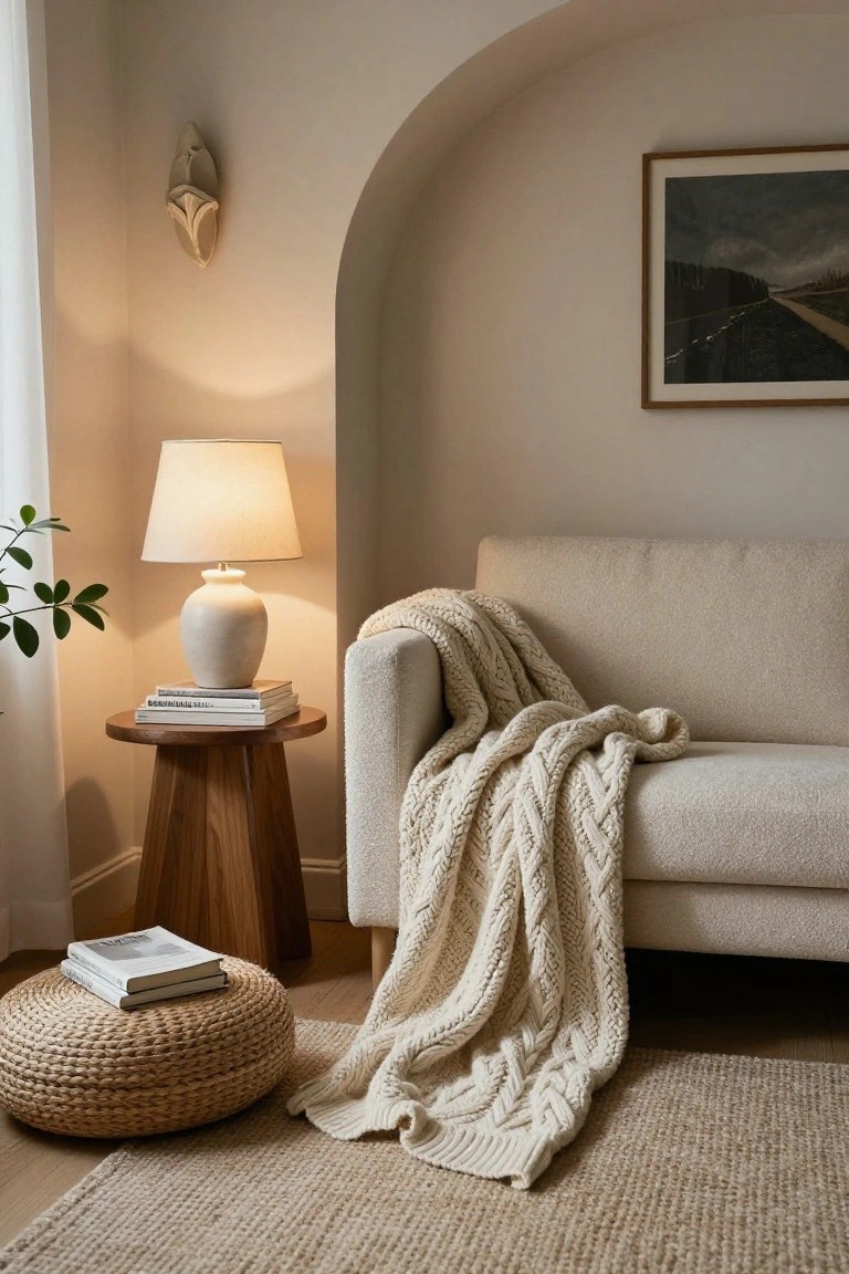 Cozy beige living room with knitted throw on sofa and wooden side table.