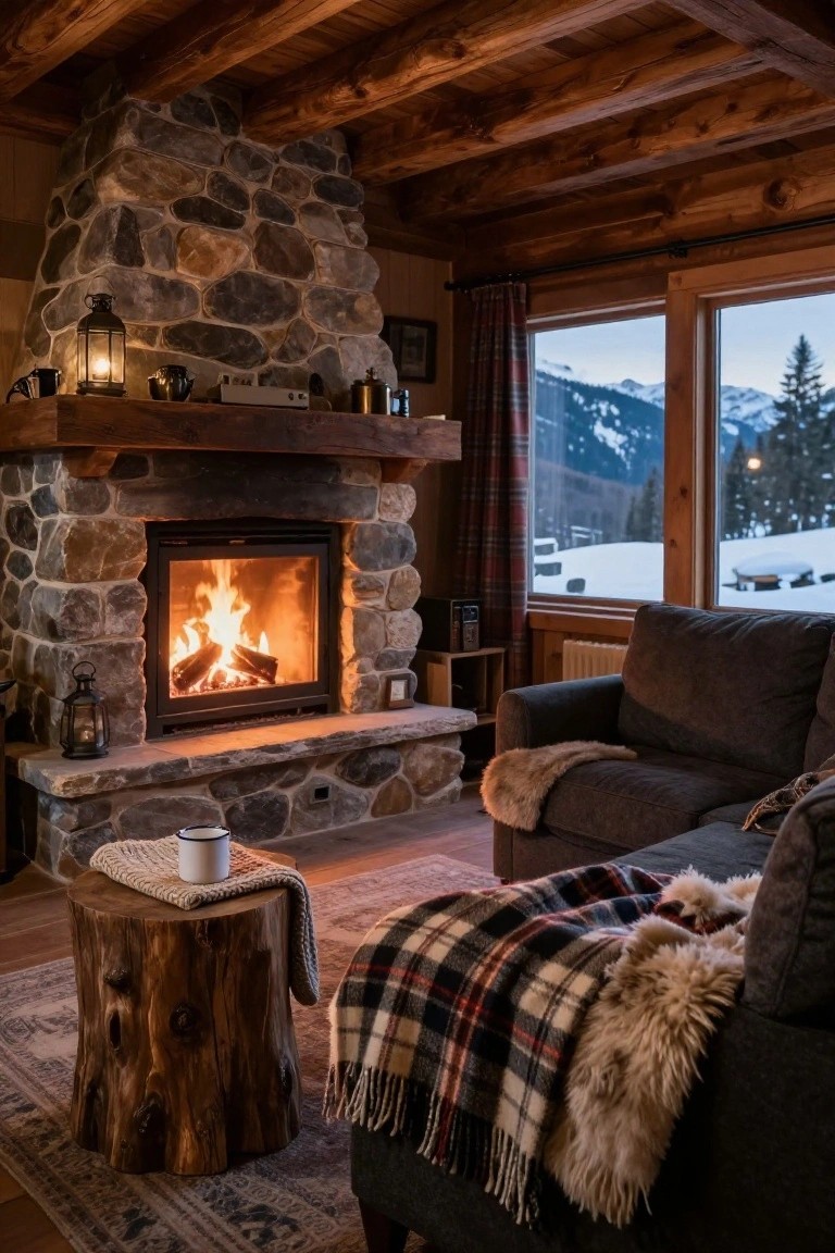 Rustic living room with gray sofa draped in plaid blanket and fur throw, stone fireplace burning wood, wooden stool holding mug and knitted cloth, large windows showing snowy mountains and trees.