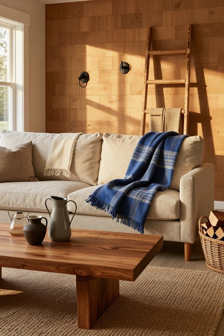 Cream sofa with blue plaid fringed blanket draped over the back and seat in a room with vertical wood paneling, wooden coffee table holding pottery pitchers, woven basket, and ladder leaning on the wall.