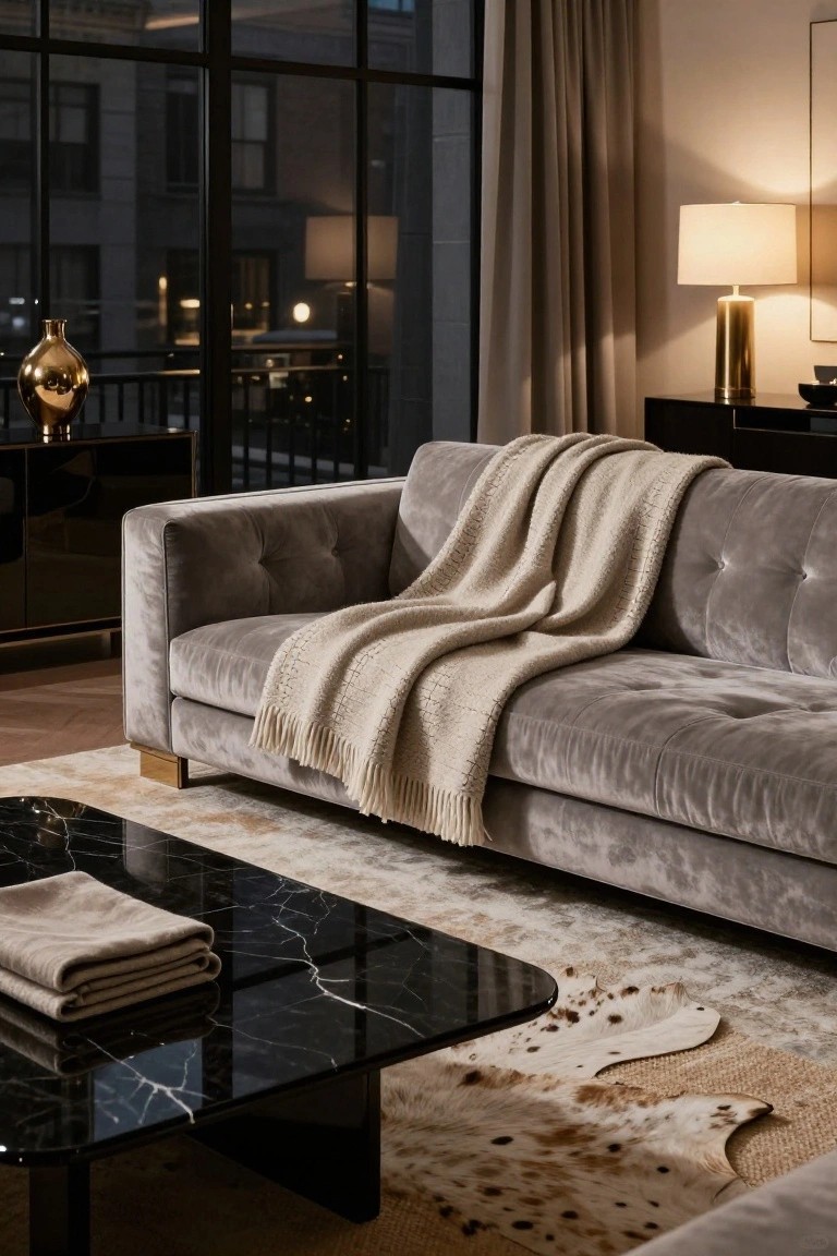 Gray tufted velvet sofa with a white chunky knit blanket draped over the back and seat in a modern living room with large windows, black marble coffee table, and warm lamp lighting.