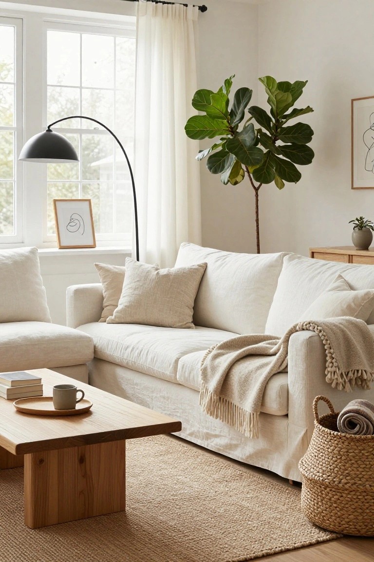 White slipcovered L-shaped sofa in a light-filled living room with a beige fringed blanket draped over one arm, neutral pillows, wooden coffee table holding books and a teacup, fiddle leaf fig plant, arc lamp, and seagrass rug.