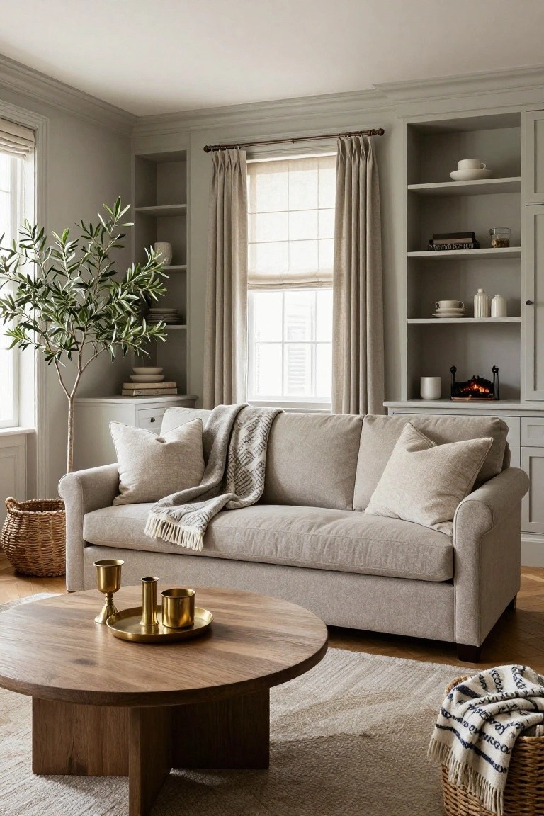 Beige linen sofa in a light gray living room with a gray patterned throw blanket draped over the arm, white pillows, wooden coffee table with brass items, built-in shelves, olive tree, and wicker baskets.