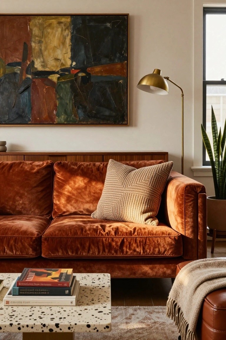 Burnt orange velvet sofa in a living room with a beige knit throw draped over one arm, speckled coffee table holding stacked books, gold arched floor lamp, abstract painting on wall, and potted snake plant nearby.