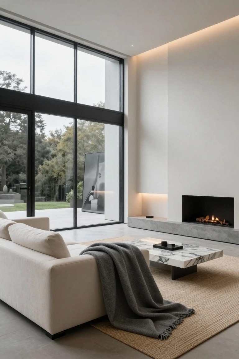 Modern living room interior with floor-to-ceiling windows, white L-shaped sofa with gray blanket draped over the arm, white marble coffee table, concrete floors, and built-in gas fireplace.