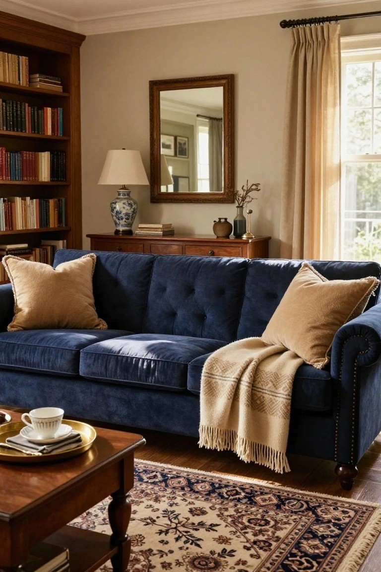 Navy blue tufted velvet sofa in a beige-walled living room with tan fringed pillows, light beige blanket draped over the arm, wooden coffee table with teacup and saucer, bookshelves, lamp, mirror, and Persian rug.