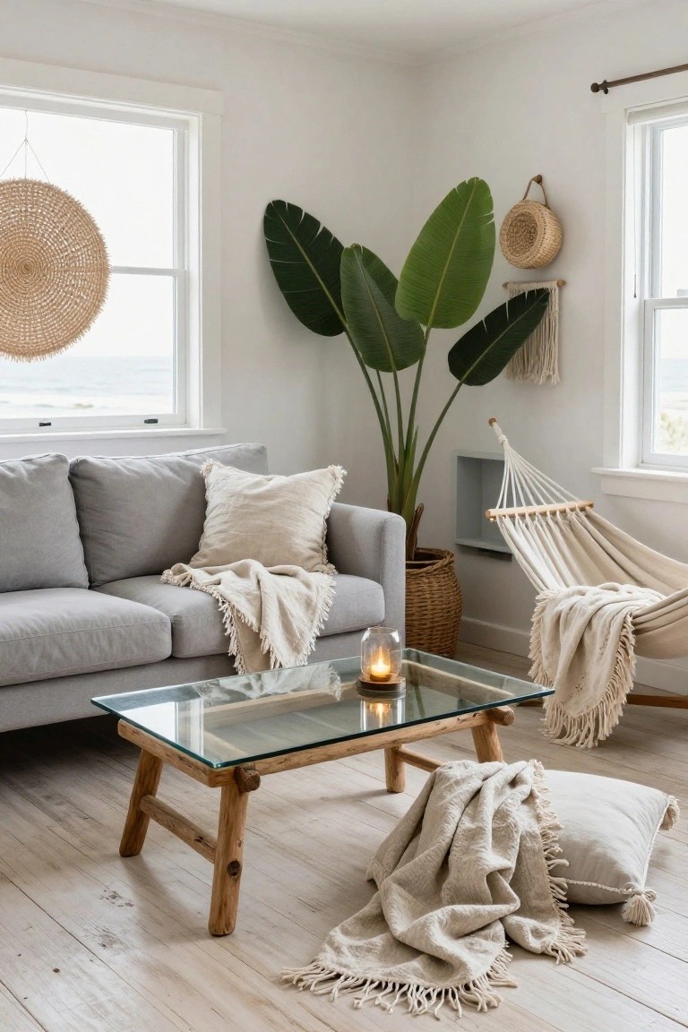 White-walled living room corner with light gray sofa draped in white fringed blankets, wooden glass coffee table with lit candle, tall banana leaf plant, hammock chair, and ocean view through windows.