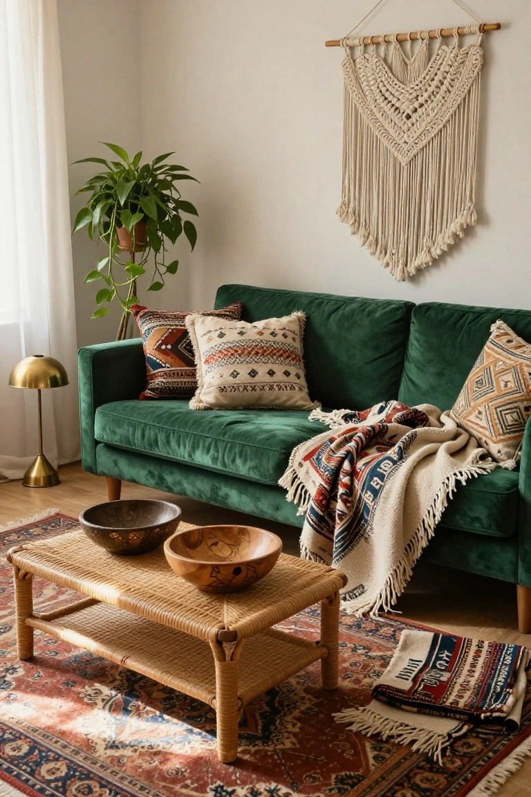 Emerald green velvet sofa with patterned pillows and colorful fringed blankets draped over the arm and back, rattan coffee table holding wooden bowls, Persian-style rug, potted plant, gold lamp, and macrame wall hanging in a bright living room.