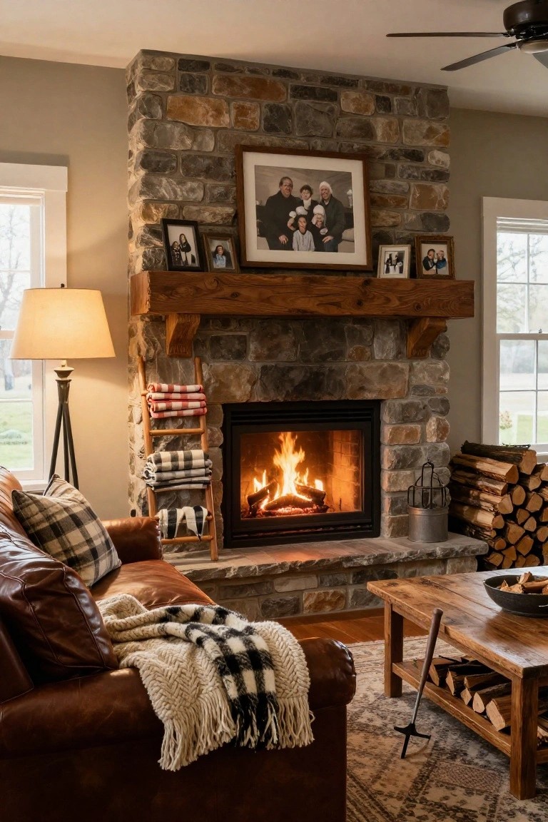 Brown leather sofa in a living room with a chunky white and black knit blanket draped over the arm, plaid pillows, a wooden coffee table with firewood, and a stone fireplace burning in the background.