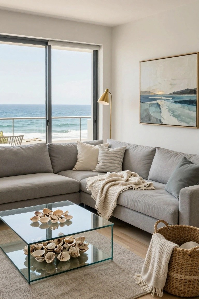 Gray L-shaped sectional sofa in a white living room with large windows overlooking the ocean, a light throw blanket draped on the corner, glass coffee table with seashells, and a wicker basket nearby.