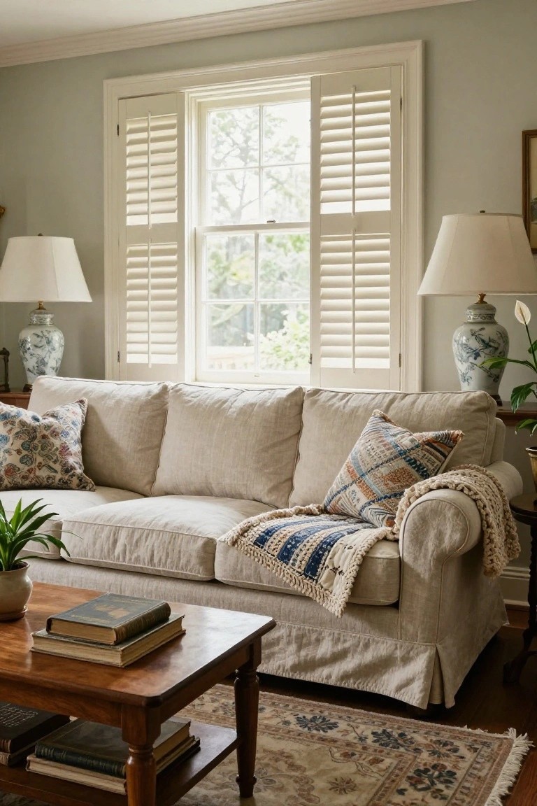 A cream slipcovered sofa with a colorful knitted blanket draped over the right arm, patterned pillows, wooden coffee table with stacked books and a potted plant, in a pale green room with white plantation shutters on the window and blue-and-white ginger jar vases on side tables.