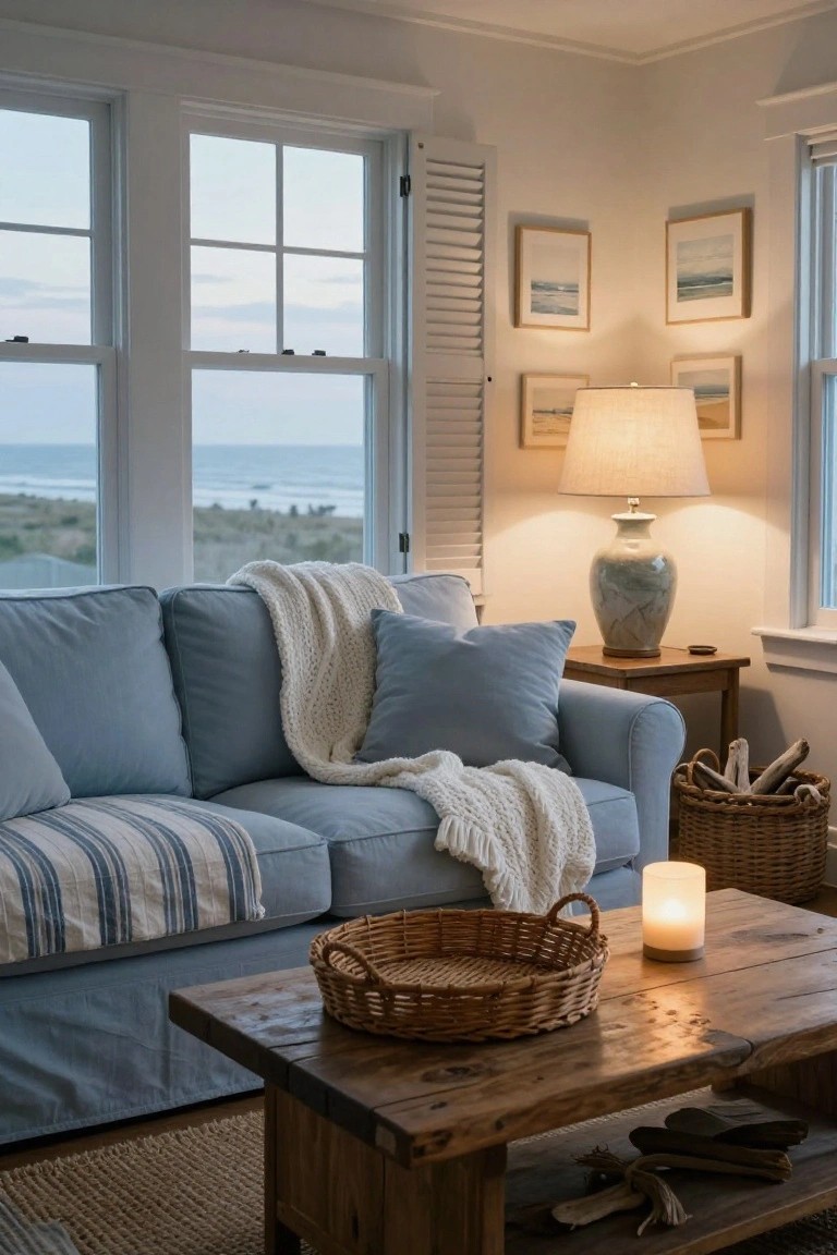 Blue slipcovered sofa in a bright living room with ocean view through large windows, draped with white knit blanket and striped throw, pillows, wooden coffee table holding basket and candle, side table with lamp and vase.