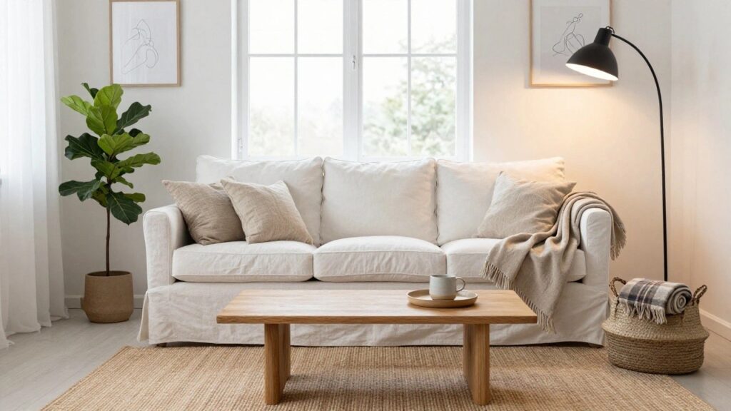 White slipcovered L-shaped sofa in a light-filled living room with a beige fringed blanket draped over one arm, neutral pillows, wooden coffee table holding books and a teacup, fiddle leaf fig plant, arc lamp, and seagrass rug.