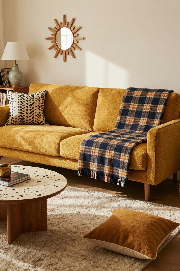 A mustard yellow velvet sofa with a navy, orange, and cream plaid fringed blanket draped over the back, paired with a round terrazzo coffee table and floor pillow in a light beige room.