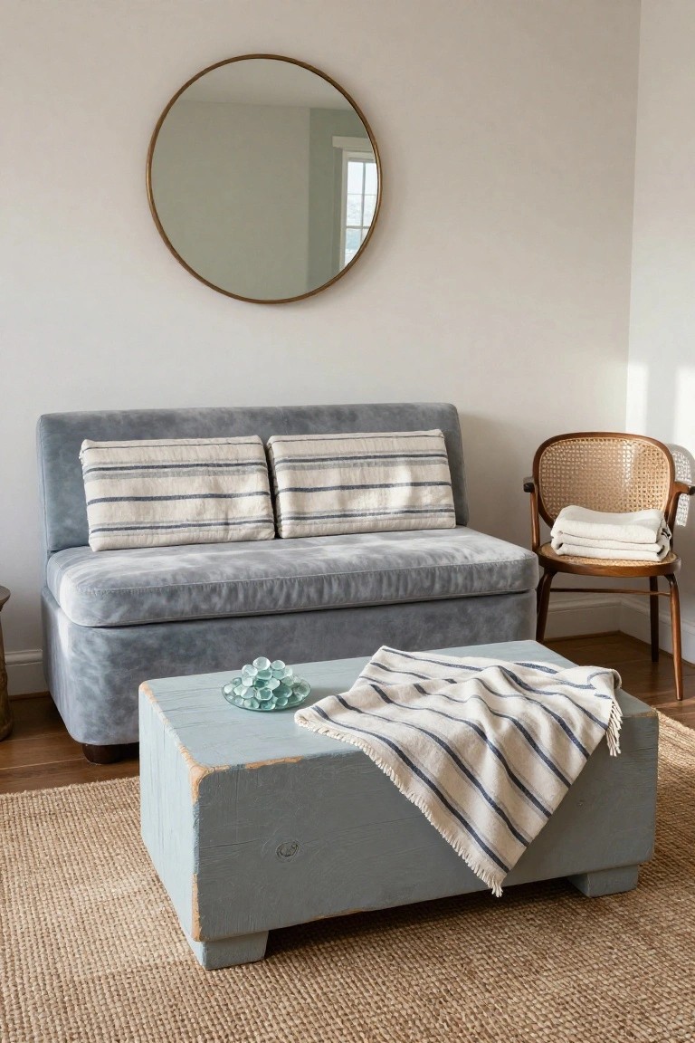 Gray velvet sofa, blue wooden coffee table, round mirror, woven chair.