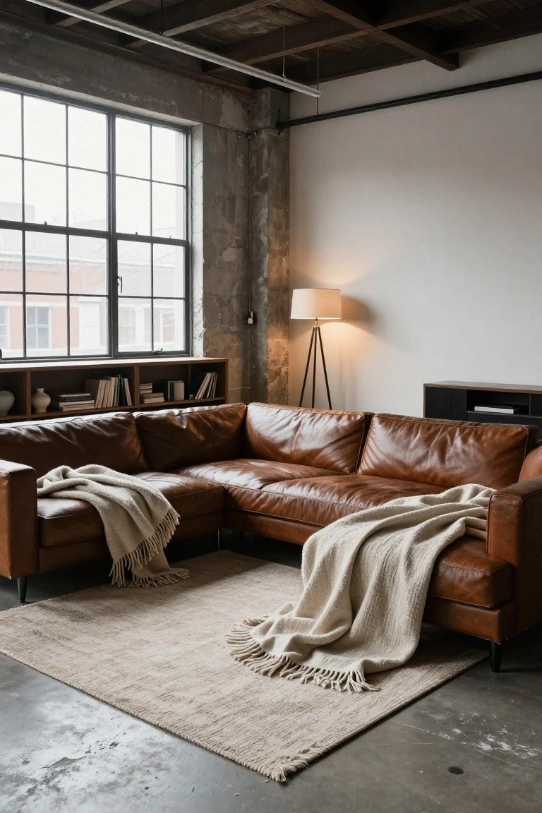 Industrial loft living room featuring a brown leather L-shaped sectional sofa with white chunky knit blankets draped over it, a beige rug on the concrete floor, tripod floor lamp, bookshelves, and large windows with metal frames.